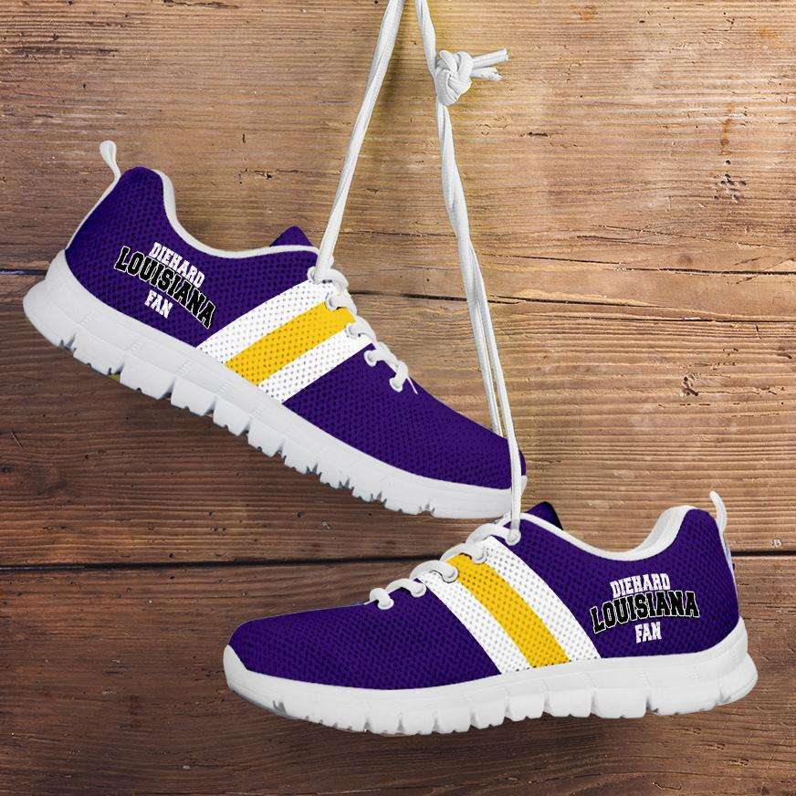 Diehard Louisiana Fan Running Shoes Purple Gold Designs by MyUtopia Shout Out