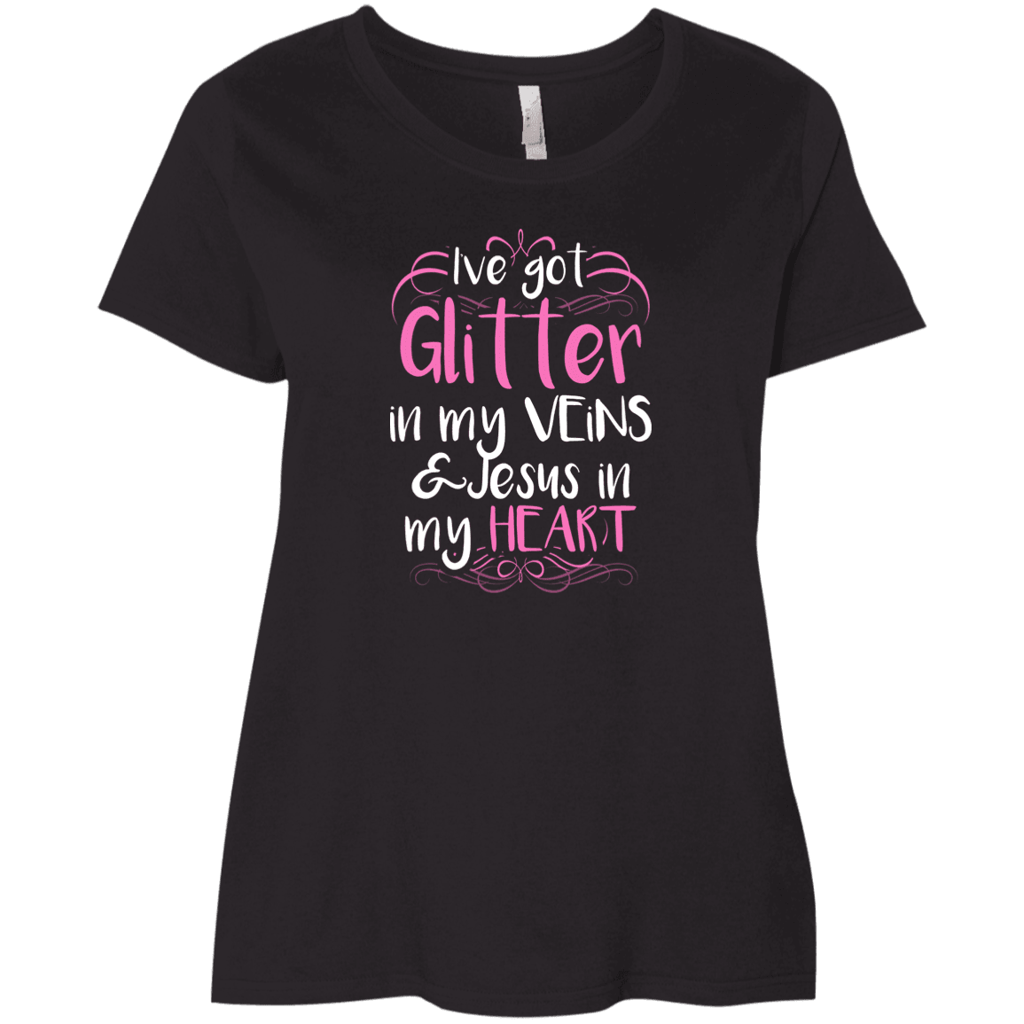 Designs by MyUtopia Shout Out:Glitter in my Veins Jesus in my Heart Ladies' Curvy Crew Neck Plus Size T-Shirt,Plus 1X / Black,Ladies T-Shirts