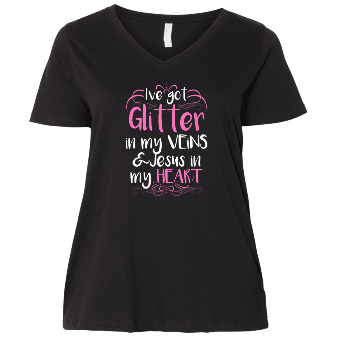 Designs by MyUtopia Shout Out:Glitter in my Veins Jesus in my Heart Ladies' Curvy V-Neck Plus Size T-Shirt,Plus 1X / Black,Ladies T-Shirts