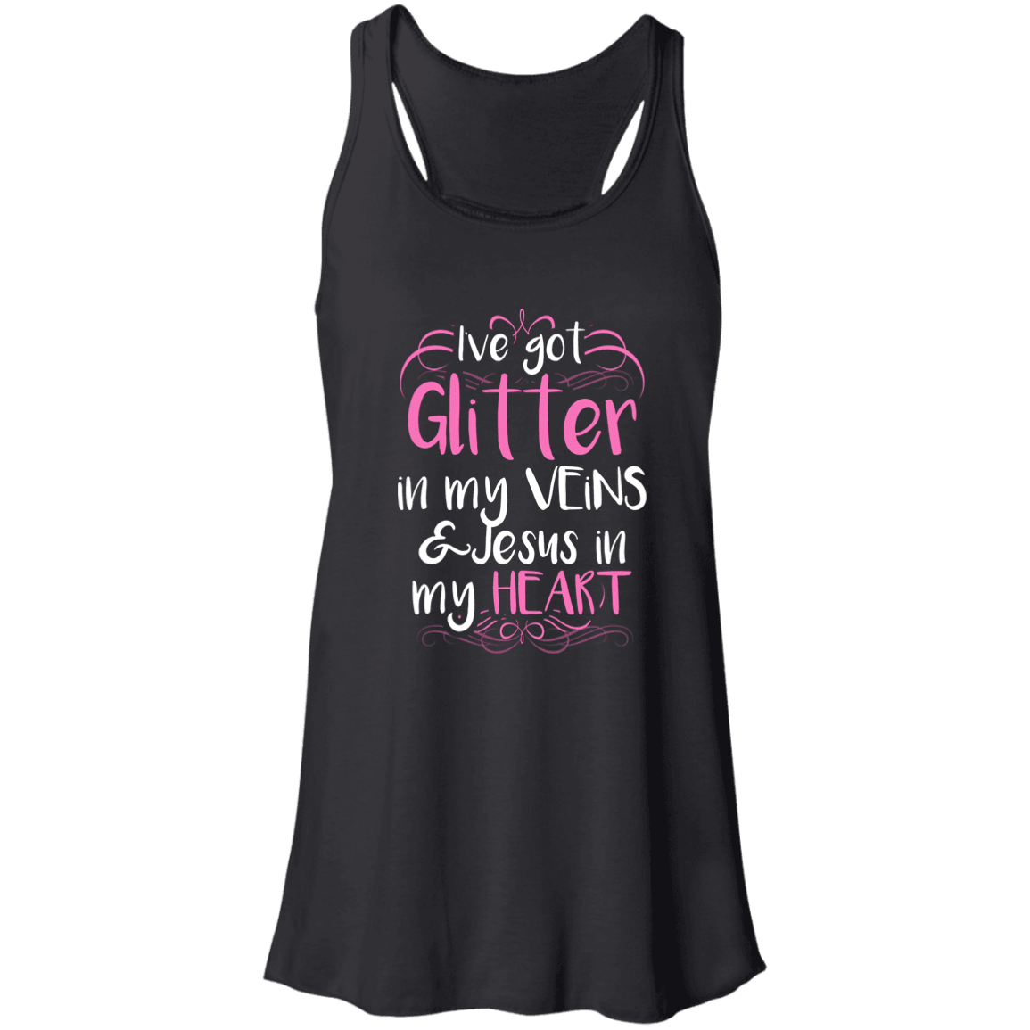 Designs by MyUtopia Shout Out:Glitter in my Veins Jesus in my Heart Ladies Flowy Racerback Tank,Black / X-Small,Tank Tops