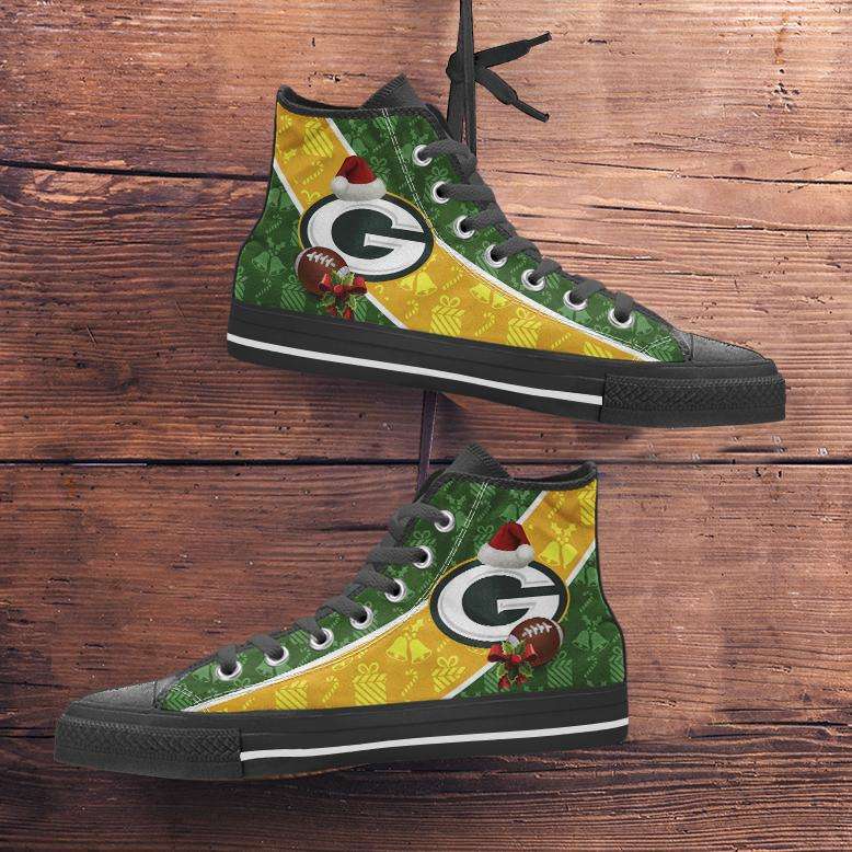 Green Bay Packers Christmas Football Pattern Canvas High Top Shoes - V2 / Green/Yellow