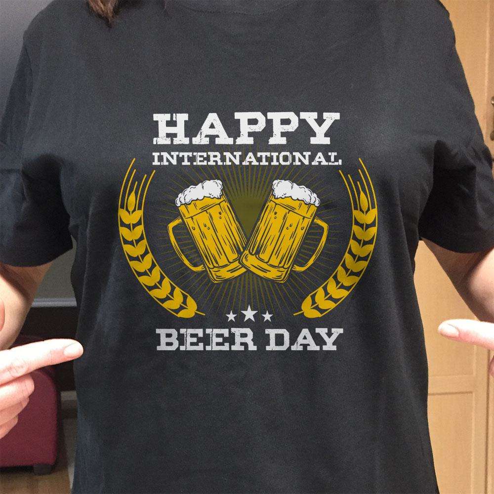 Designs by MyUtopia Shout Out:Happy International Beer Day Adult Unisex Black T-Shirt