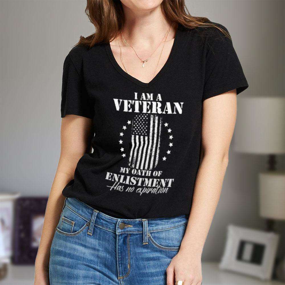 Designs by MyUtopia Shout Out:I Am A Veteran My Oath of Enlistment does not Expire Ladies' V-Neck T-Shirt