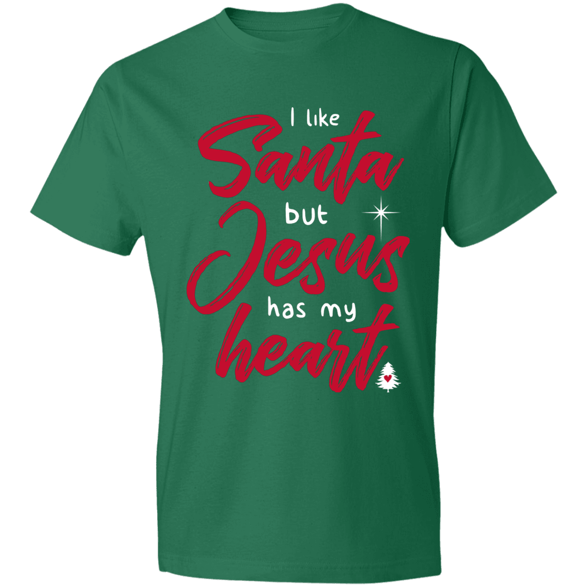 Designs by MyUtopia Shout Out:I Like Santa but Jesus Has My Heart - Lightweight T-Shirt,Kelly Green / S,Adult Unisex T-Shirt