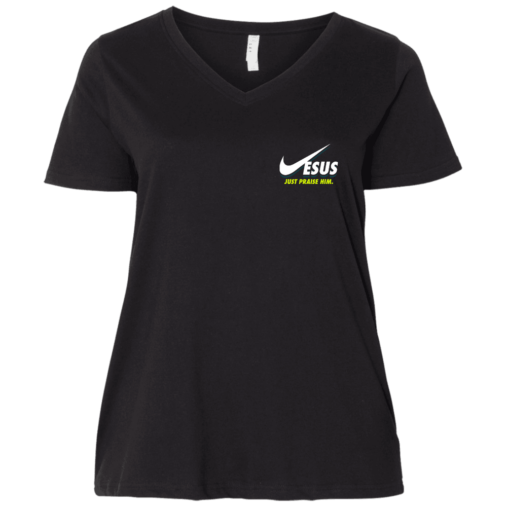 Designs by MyUtopia Shout Out:Jesus Just Praise Him Ladies' Curvy Plus Size V-Neck T-Shirt,Black/ / Plus 1X,Ladies T-Shirts