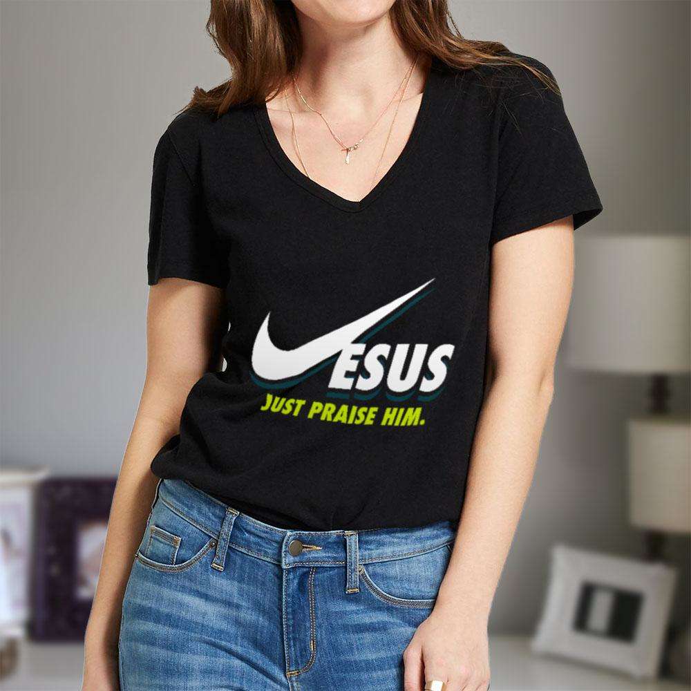Designs by MyUtopia Shout Out:Jesus Just Praise Him Ladies' V-Neck T-Shirt