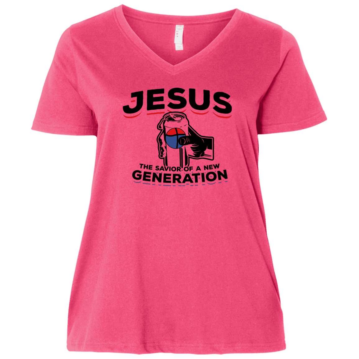 Designs by MyUtopia Shout Out:Jesus Savior of New Generation Ladies' Curvy V-Neck Plus Size T-Shirt,Plus 1X / Hot Pink,Ladies T-Shirts