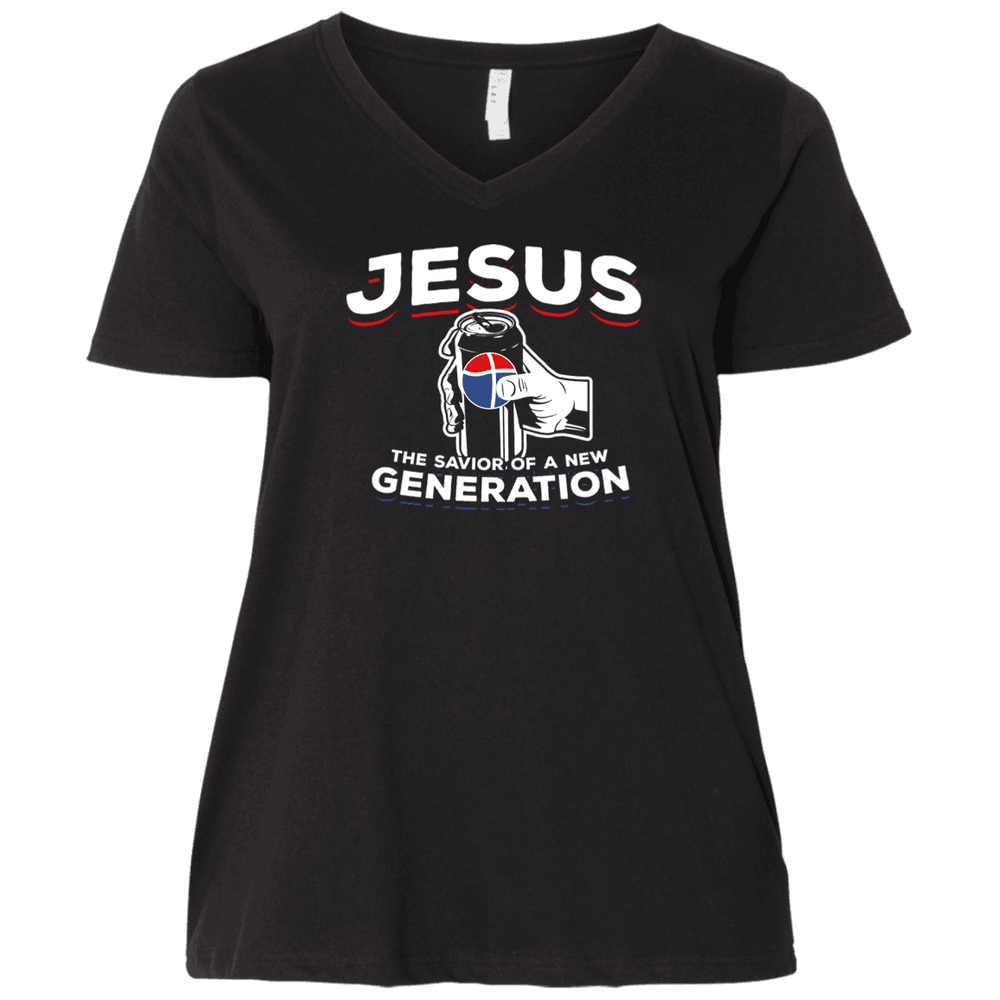 Designs by MyUtopia Shout Out:Jesus Savior of New Generation Plus Size Ladies' Curvy V-Neck T-Shirt,Plus 1X / Black,Ladies T-Shirts