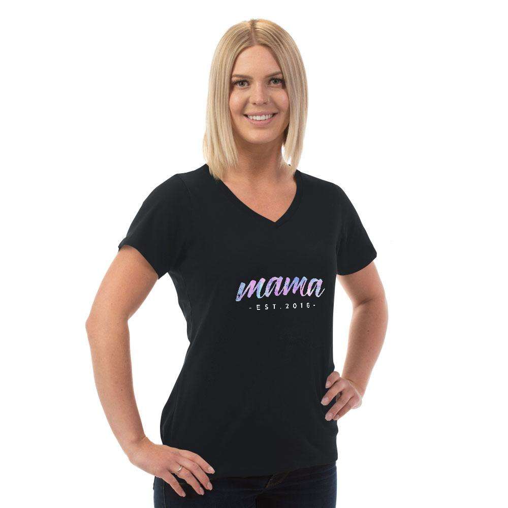 Designs by MyUtopia Shout Out:Mama Established Personalized Ladies V Neck Tee