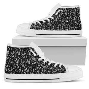 Designs by MyUtopia Shout Out:Mens High Top Canvas Shoes. Black Music Note Design.