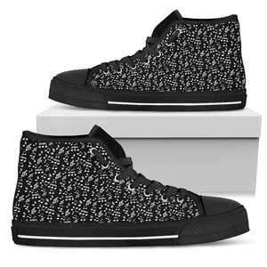 Designs by MyUtopia Shout Out:Mens High Top Canvas Shos. Black Music Note Design. Black Sole