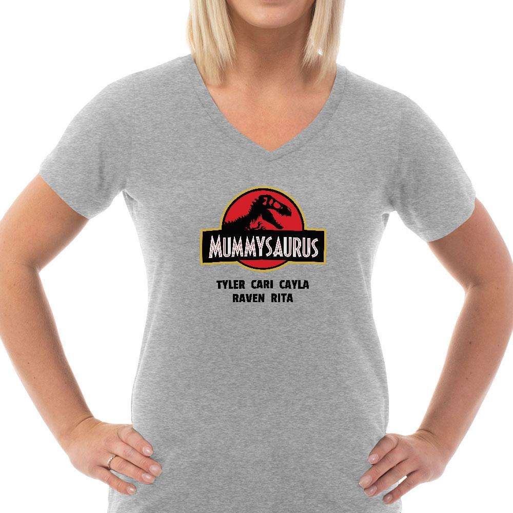 Designs by MyUtopia Shout Out:Mummysaurus Personalized Ladies V Neck Tee