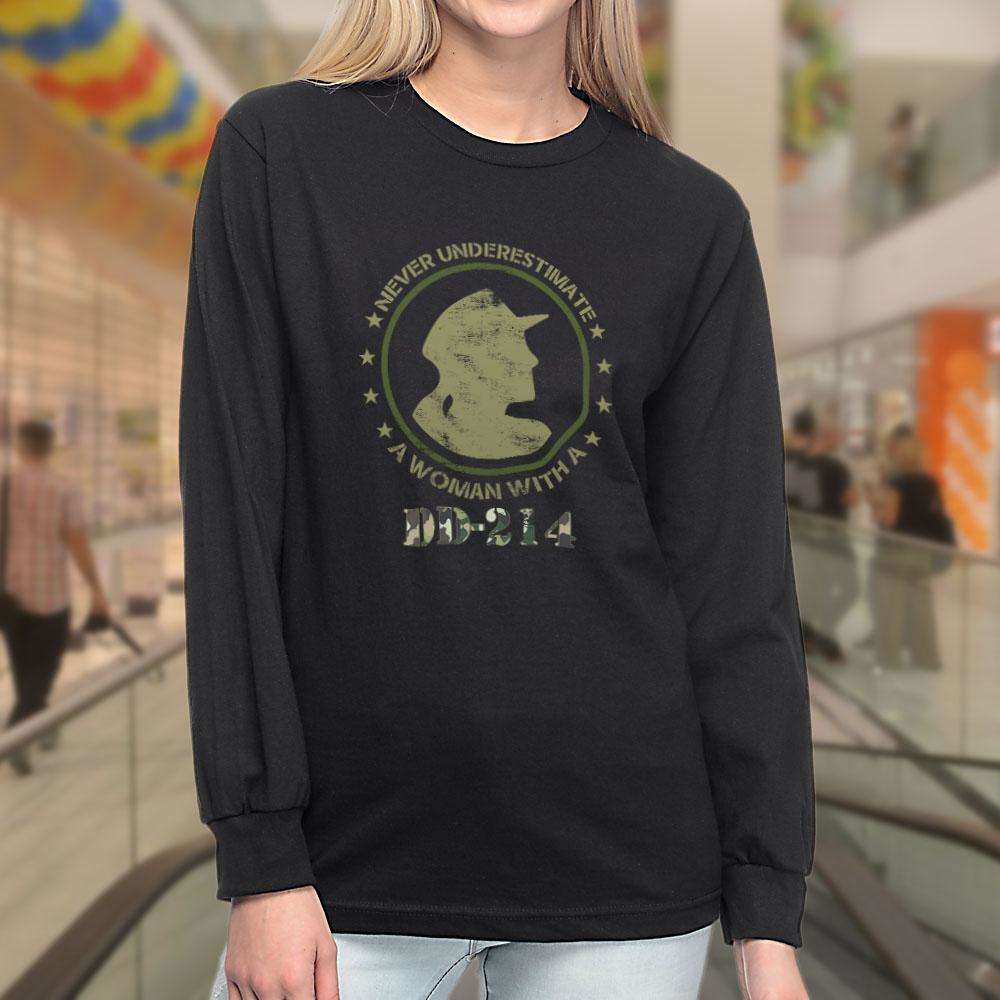 Designs by MyUtopia Shout Out:Never Underestimate A Woman With DD-214 Long Sleeve Ultra Cotton T-Shirt