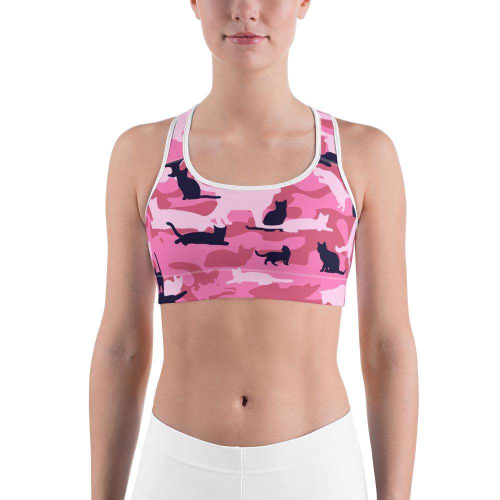 Designs by MyUtopia Shout Out:Pink Cat Camo Print Sports Workout Bra,XS,Sports Bra