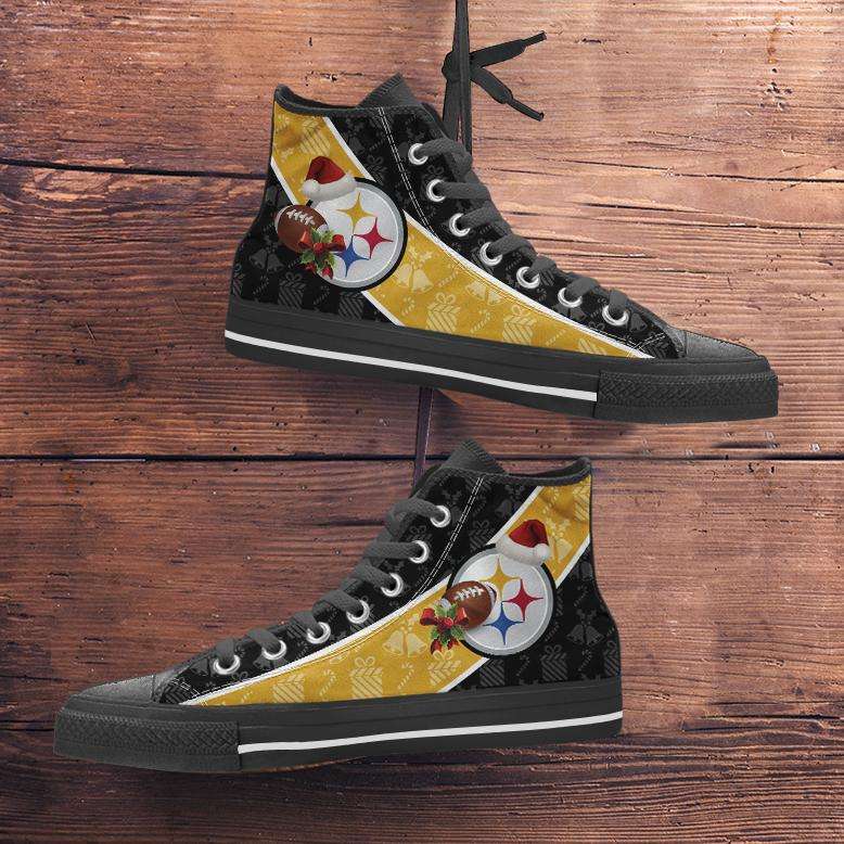 Pittsburgh Steelers Christmas Football Pattern Canvas High Top Shoes / Black/Gold