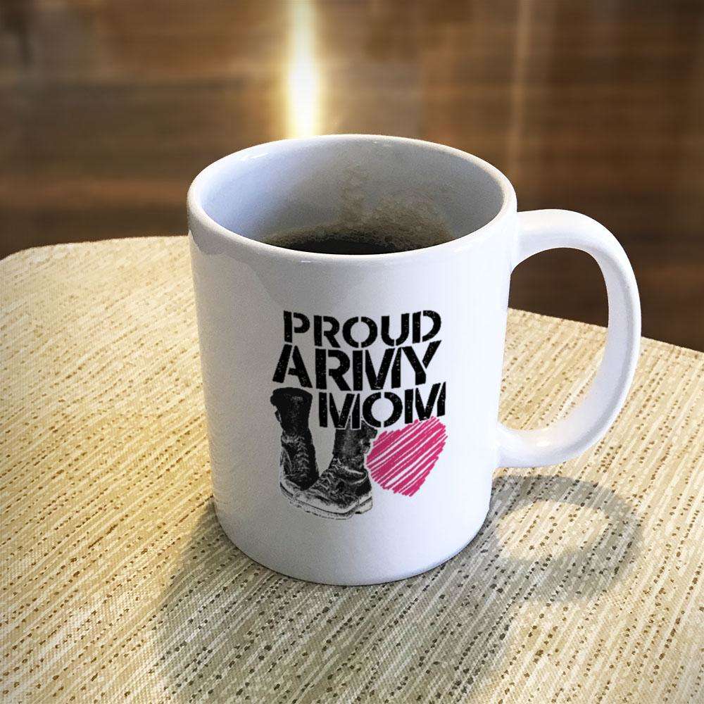 Designs by MyUtopia Shout Out:Proud Army Mom Soldier Boots and Heart Ceramic Coffee Cup