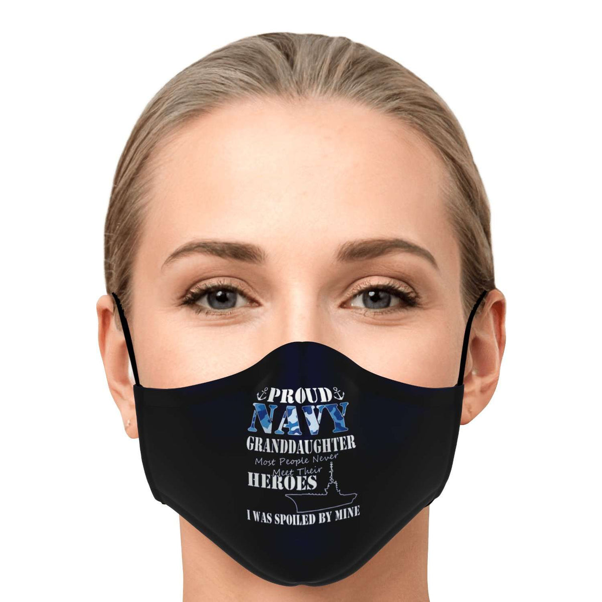 Designs by MyUtopia Shout Out:Proud Navy Granddaughter Spoiled by My Hero Fitted Face Mask with Adjustable Ear Loops,Adult / Single / No filters,Fabric Face Mask