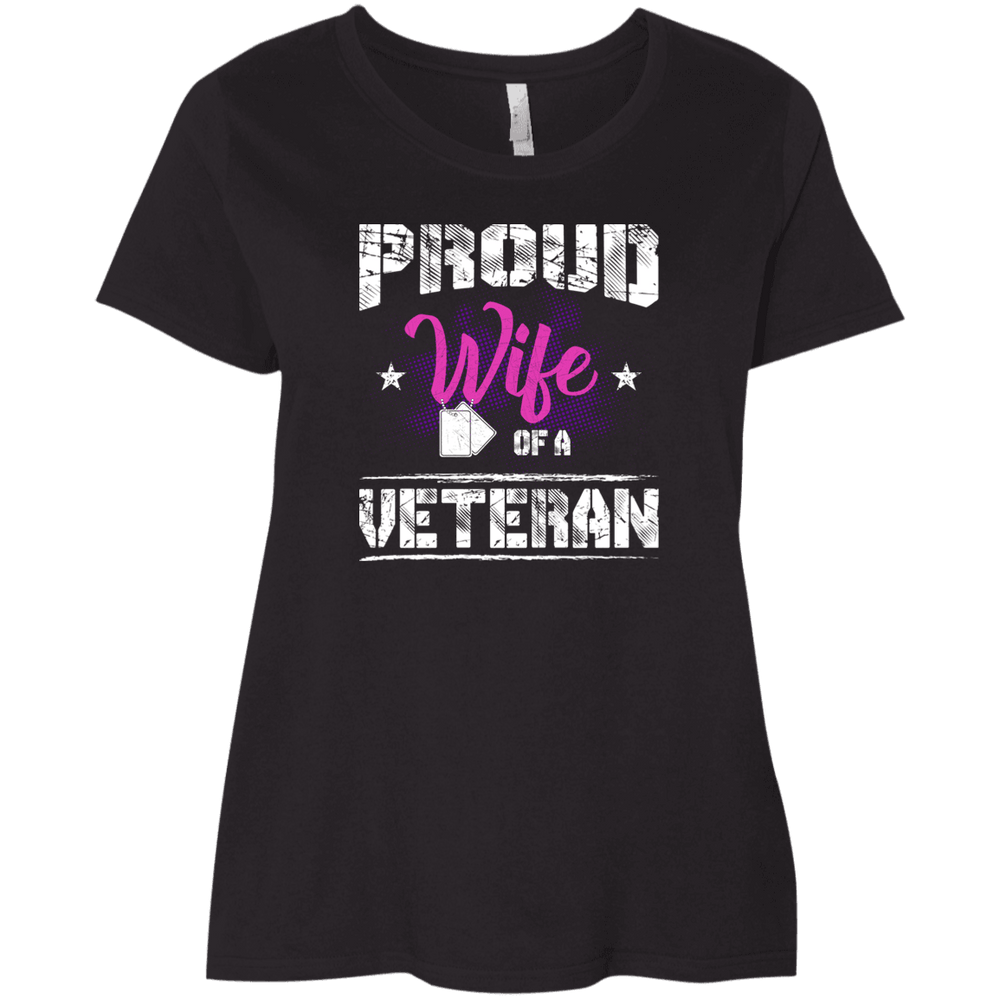 Designs by MyUtopia Shout Out:Proud Wife of a Veteran Ladies' Plus Size Curvy Crew Neck T-Shirt,Plus 1X / Black,Ladies T-Shirts