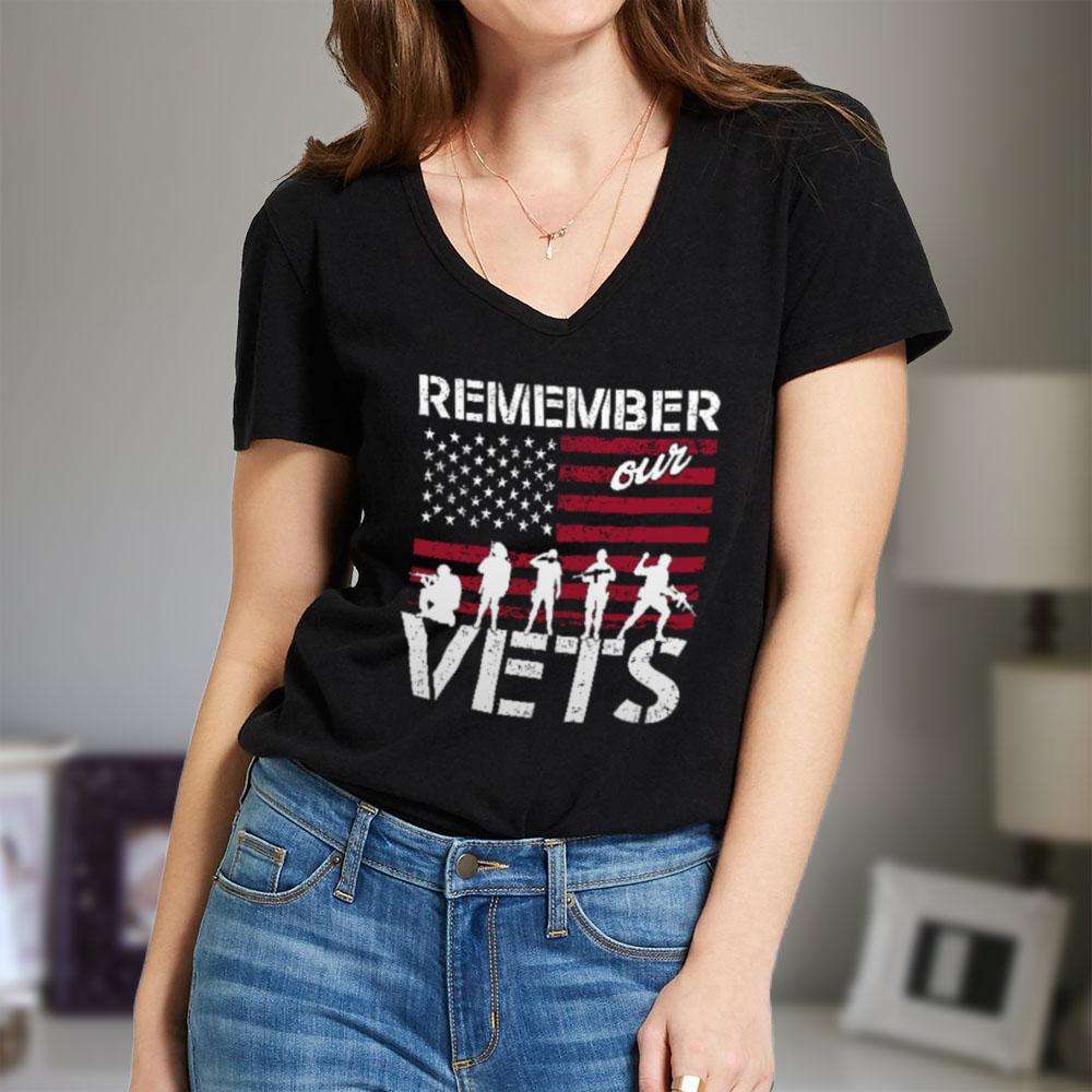 Designs by MyUtopia Shout Out:Remember Our Veterans  Ladies' V-Neck T-Shirt